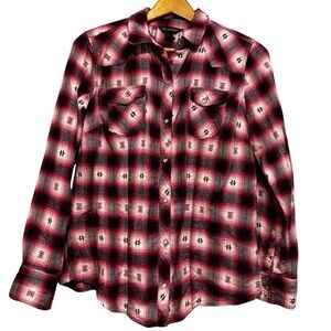 Bit & Bridle Pink Red Plaid Western Pearl Snap Flannel Shirt Size Medium Country